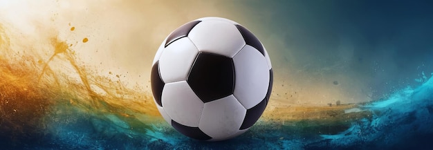 Soccer ball on a blue background blue yellow splashes of paint Dynamic and bright illustration