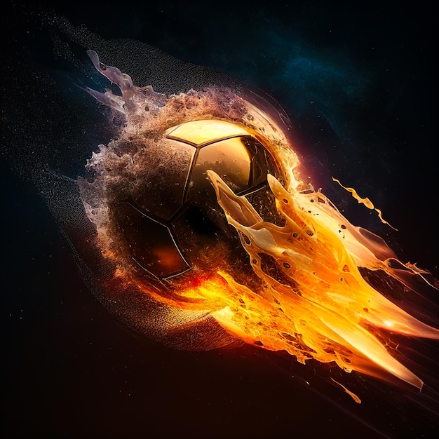 A soccer ball burning with fire flies at the speed of generated AI