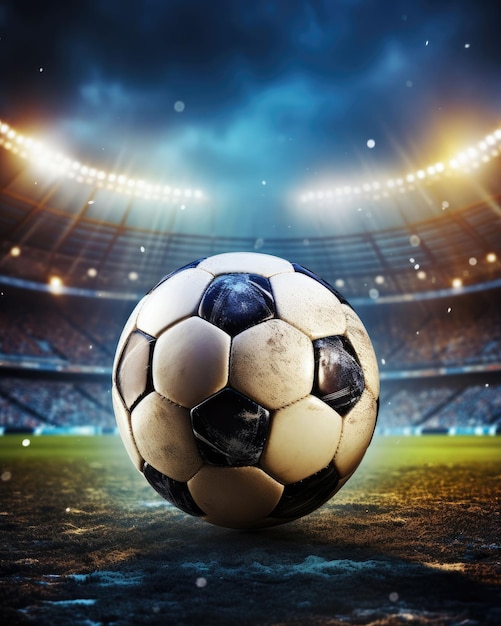 Soccer ball on dark stadium background on grasses