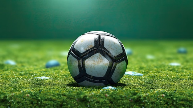 A soccer ball on a field with a green background.