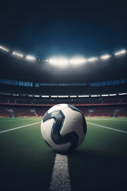 Soccer ball on a field with lights on