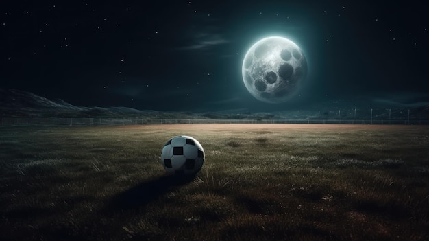 A soccer ball on a field with the moon in the background.