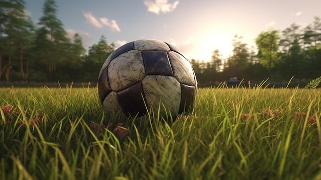 A soccer ball in a field with the sun behind generative ai