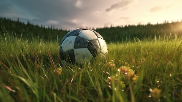 A soccer ball in a field with the sun behind generative ai