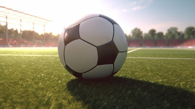 Soccer ball on the field with the sun shining on it