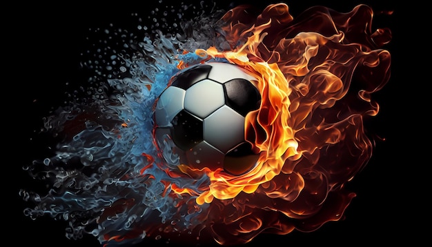 Soccer ball in fire and water Illustration of the soccer ball enveloped in elements on black background High resolution soccer ball in fire and water image for a soccer game poster