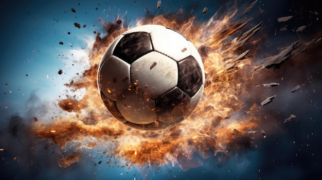 Soccer ball on fire with smoke and flames