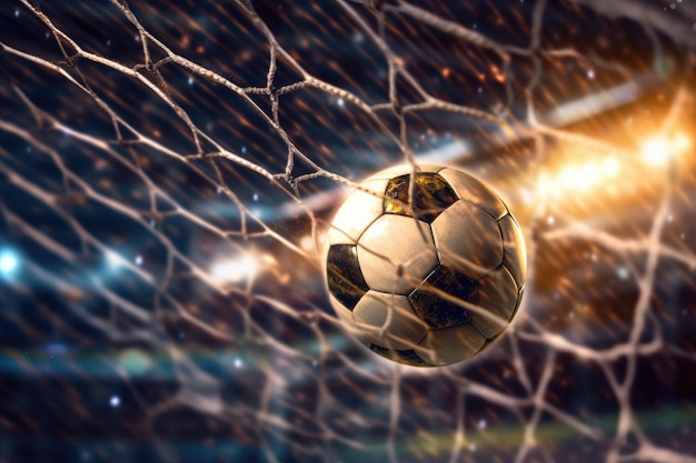 Soccer ball flew into the goal Soccer ball bends the net against the background Generative AI