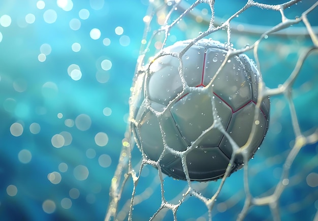 A soccer ball flies into the goal against a blue background in a 3D rendering