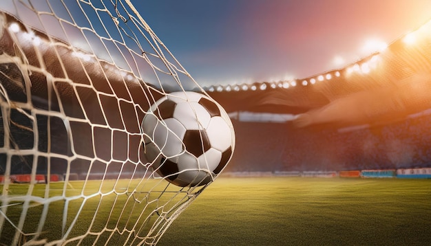 Soccer ball flies into the goal with stadium lights illuminating the background