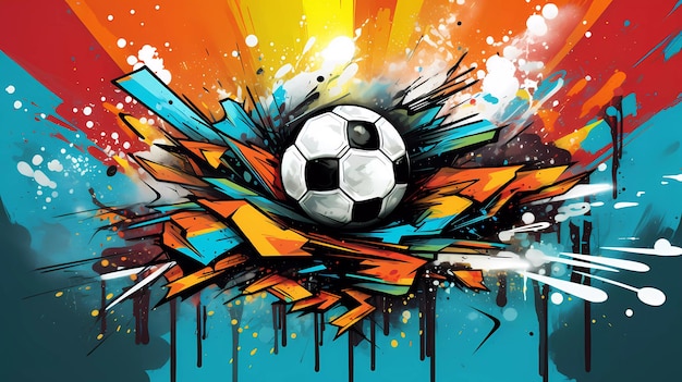 Soccer ball in flight in graffiti style on a bright background