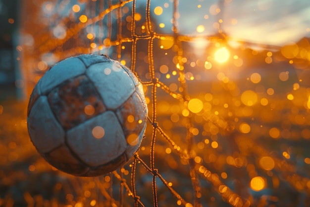 Photo soccer ball in football net created with generative ai technology