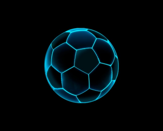 Soccer ball or football with futuristic blue glowing neon lights on a dark background wide image 3d rendering