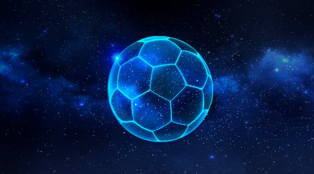 Soccer ball or football with futuristic blue glowing neon lights floating in the Planet view from space 3d render