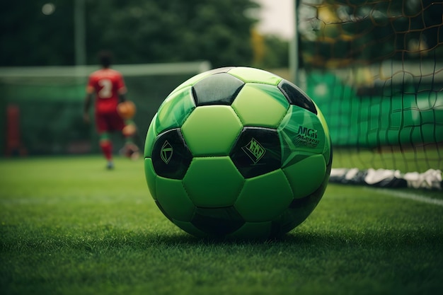 soccer ball in goal with green backgroung