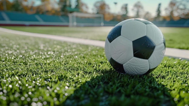 a soccer ball on the grass of a soccer field