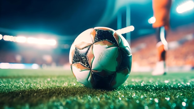 Soccer ball on the grass of a soccer stadium illuminated by the floodlights of the stands Sports and tournaments