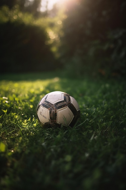 A soccer ball on the grass in the sun