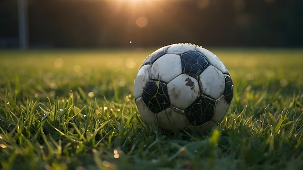 a soccer ball on the grass with the sun behind it training daytime ball soccer sporty leisure