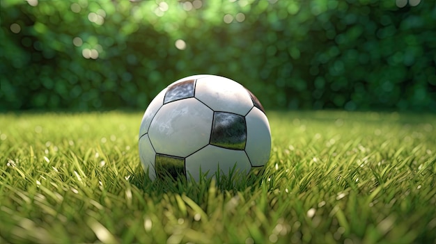 Soccer ball on green grass background 3d render image