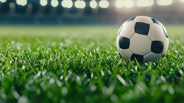 Soccer Ball on Green Grass Field with Stadium Lights in Background