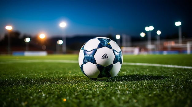 Soccer ball on green grass of football stadium at night with lights