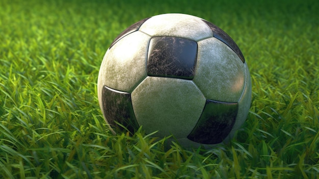 Soccer ball on green grass with bokeh background football field