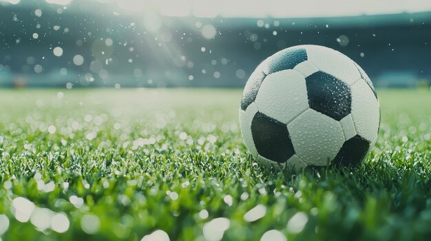 Soccer Ball on Green Grass with Water Droplets