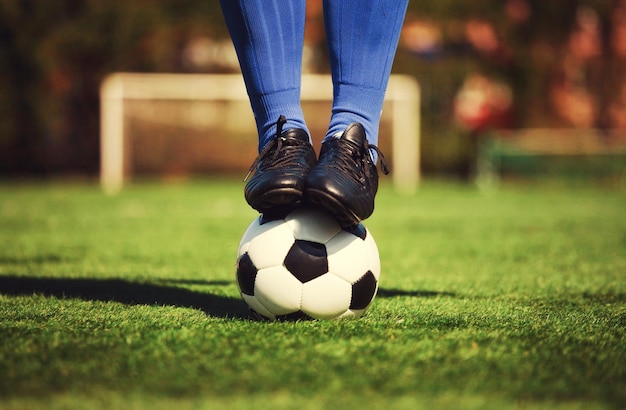 Soccer ball on green playground Soccer concept