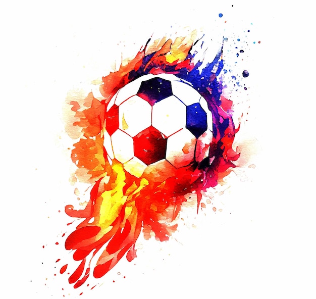 Soccer ball in hot fire hand drawn watercolor illustration championship