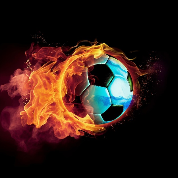 A soccer ball is being made by a fire and the word soccer on it.