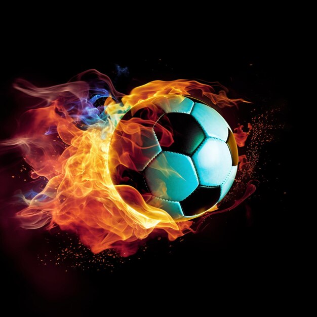 A soccer ball is burning in flames and the word soccer is on the bottom of the ball.