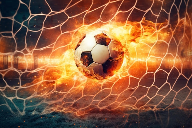 a soccer ball is burning in flames and the word soccer is on the wall