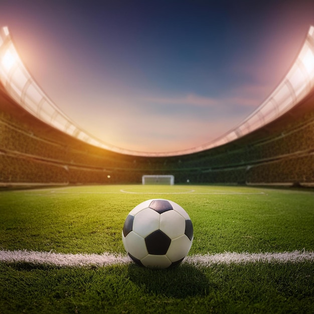 Photo a soccer ball is on the field of a stadium with a large round window