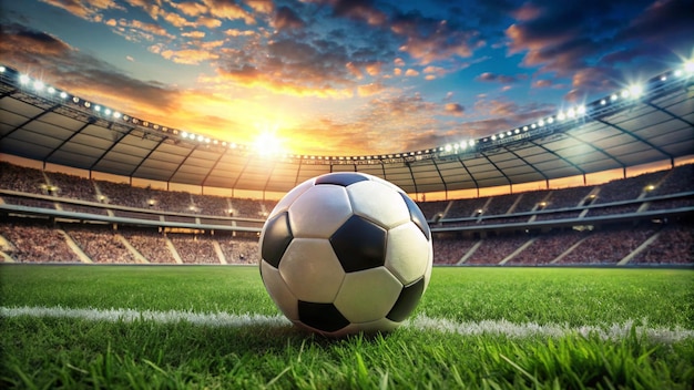 a soccer ball is on the field of a stadium with a sky background