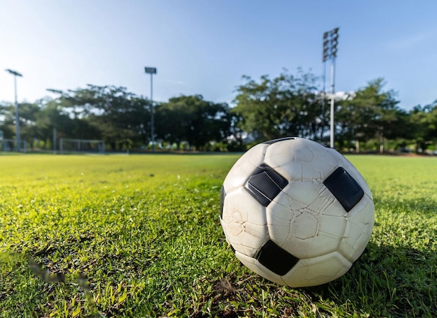 A soccer ball is on a field with a light pole in the background.