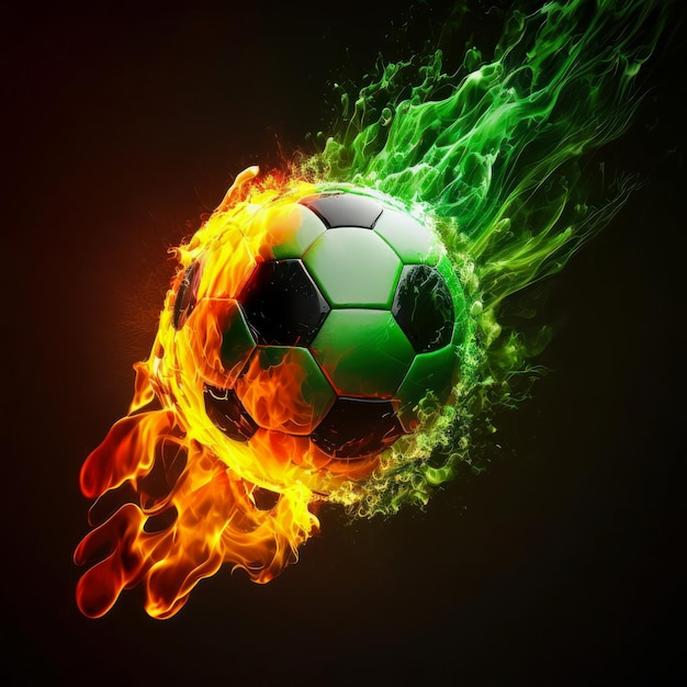 A soccer ball is in front of a black background with a green and red fire