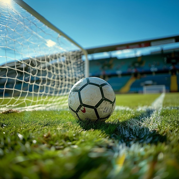 a soccer ball is in the goal line and the goal is in the background