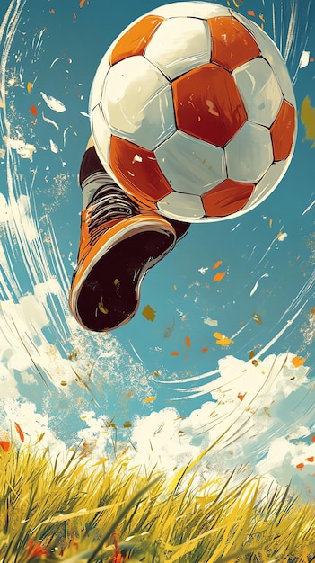 Photo a soccer ball is kicked high into the air by a player39s foot in a painting style