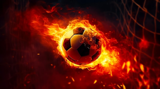 Soccer ball is in the middle of fire filled field of flames Generative AI