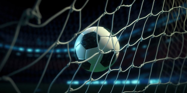 A soccer ball is in the net of a goal.