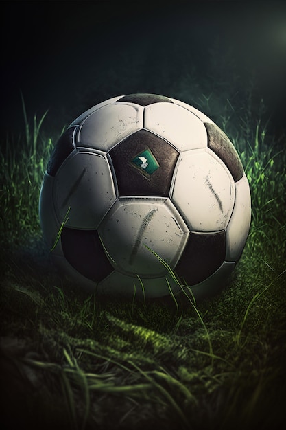 A soccer ball is sitting in the grass with the word " soccer " on it.