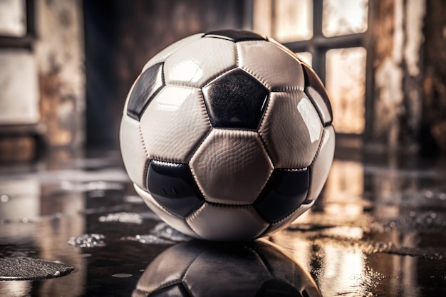 a soccer ball is on a wet surface with a reflection of the window in the background