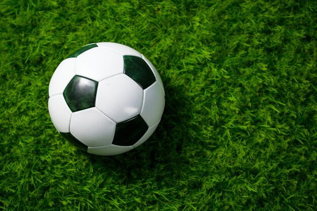 soccer ball on lawn from above with copy space