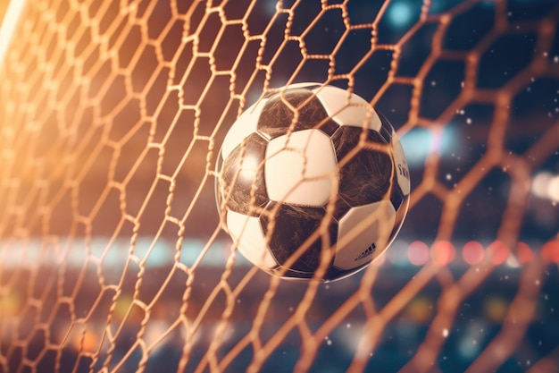 soccer ball lying in the net after a goal