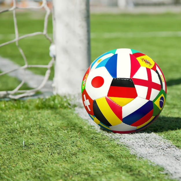 Soccer ball in the net of a goal. Soccer concept