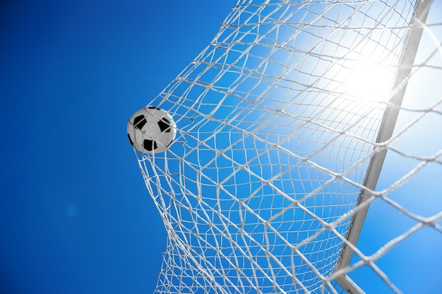 Soccer ball in the net of a goal. Soccer concept