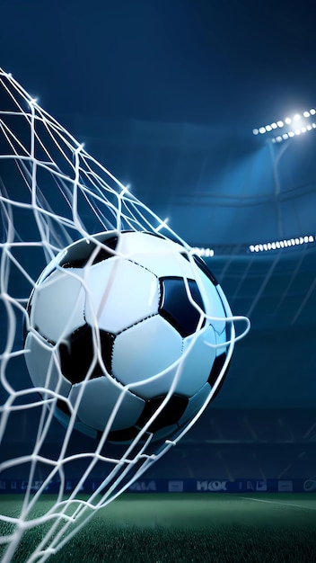 Soccer ball on net scoring goal penalty sports background