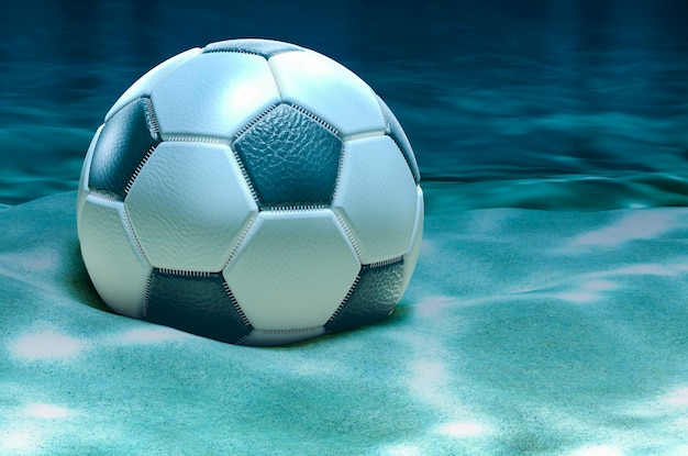 Soccer ball on ocean bottom underwater 3D rendering