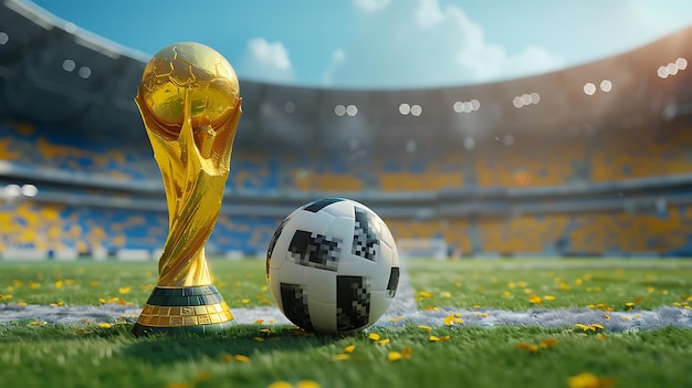 Photo a soccer ball sits on the field of a stadium with a soccer ball in the foreground